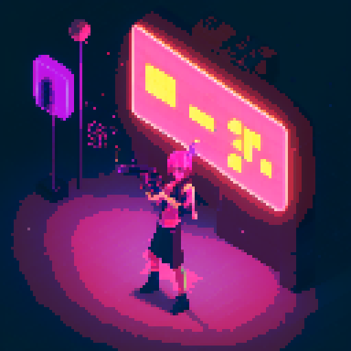 Street Mage anime girl with flowing hair, fluorescent tattoos, and a pixelated sniper rifle, navigating through a purple neon-lit night market and an sRGB glow
