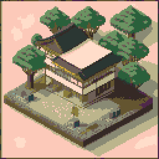 muromachi feudal japan minimalist city tileset with seamless repeatable tiles for buildings and walls and assets including woven baskets, sake containers, banners, and other traditional decorations