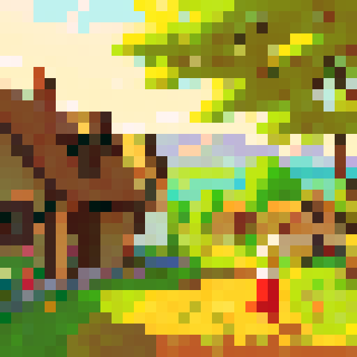 spirit of a peasant, vibrant colors, intricate details, low resolution, nostalgic feel, countryside landscape, sun-drenched fields, rustic charm, hand-drawn pixels, serene atmosphere, simplicity in design, lively brush strokes, warm color palette, textured surfaces, cozy cottage, humble abode, traditional attire, bustling marketplace, lively villagers