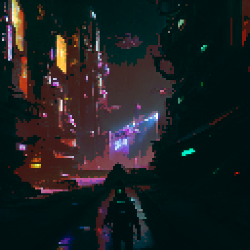 Cyberpunk dystopia with a neon-noir aesthetic.

        "A vengeful hacker prowls through the decaying urban maze, surrounded by towering, neon-lit skyscrapers and holographic adverts, while chrome and circuitry gleam in the darkness and augmented humans zip by on hover vehicles through shadowy alleyways."