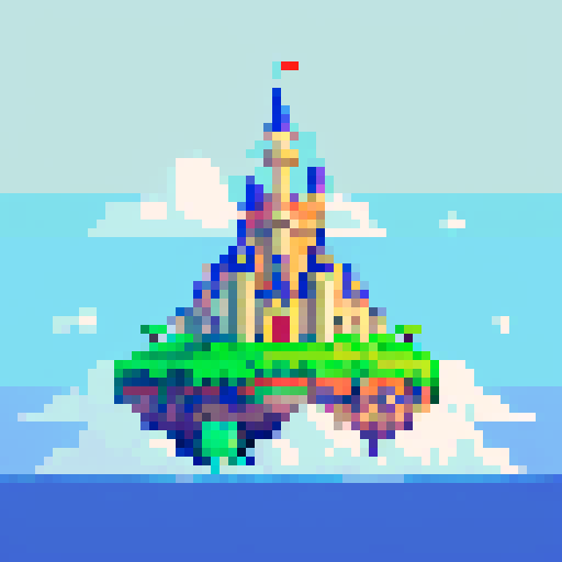 A majestic castle in the clouds surrounded by turtles.
