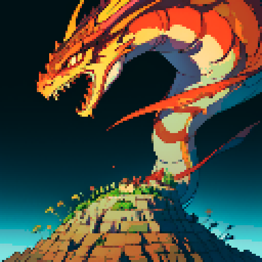 fire dragon with shimmering red scales, hoard of gold coins glimmering in the background, dragon leisurely lounging on top of a massive pile of gold coins, dragon's majestic form taking up the full canvas with intricate pixel art details in a vibrant sRGB color palette