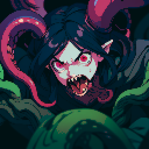 eldritch being, tentacles writhing, brain pulsating, many eyes staring, eyeballs bulging, sRGB pixel art