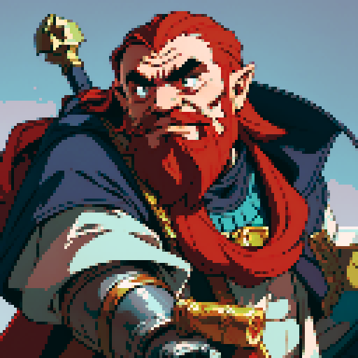 red bearded dwarf cleric, wielding a great hammer, surrounded by a golden aura, in a pixel art style using vibrant sRGB colors