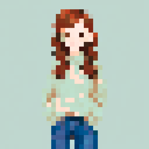 tousled chestnut hair, worn denim jeans, earth-toned sweater, pixelated style, sRGB