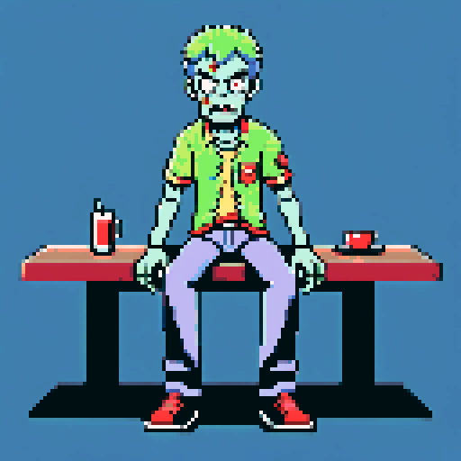Zombie, laying on table face up, looking at camera, limbs detached, pixel art, sRGB