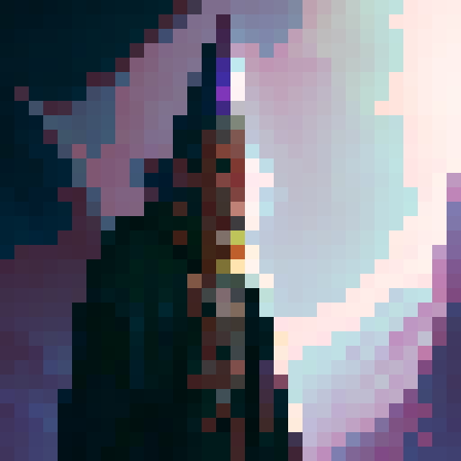 wizard with point hat, sword and staff, long robes, think gandalf.