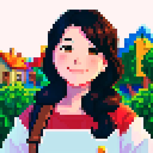 stardew valley-inspired, woman, asian, pixel art, sRGB, vibrant colors, rustic backdrop, dark hair, glowing skin, gentle smile, rosy cheeks