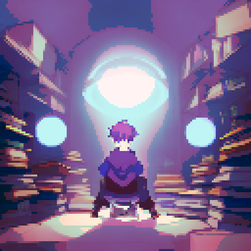 White-haired, blue-eyed boy sits alone in his dark and foreboding lair, surrounded by towering stacks of books and eerie glowing orbs.