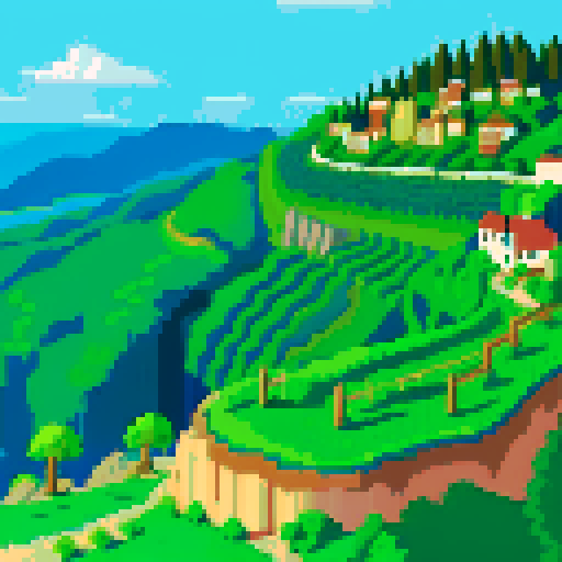 green ridge with exposed rock, small town and vineyards below