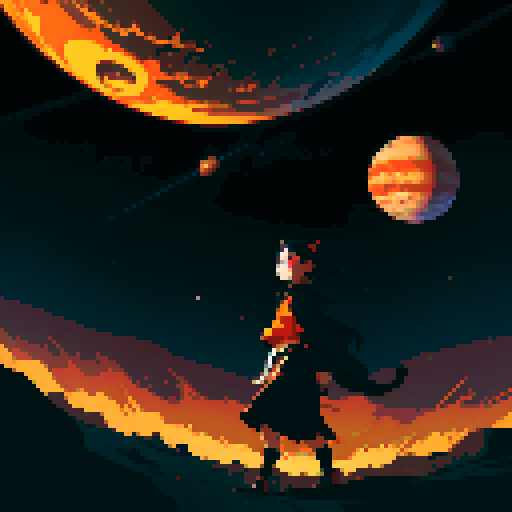 black cat with orange eyes, wandering through galaxies and space, surrounded by planets and comets