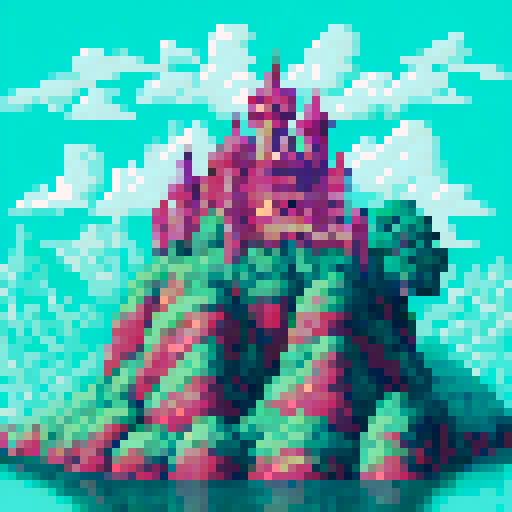 Leaves and blossoms intertwine in a vibrant textile pattern, set against an ancient building with a serene green pastel backdrop, all rendered in pixel art with a sweeping landscape background