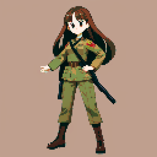 young girl, large round eyes, brown hair, brown eyes, wearing combat army uniform, a full-body standing pose, clean and detailed, centered composition, beautiful girl, long flowing hair, detailed eyes, slim figure, soft smile, round face, like Japanese anime