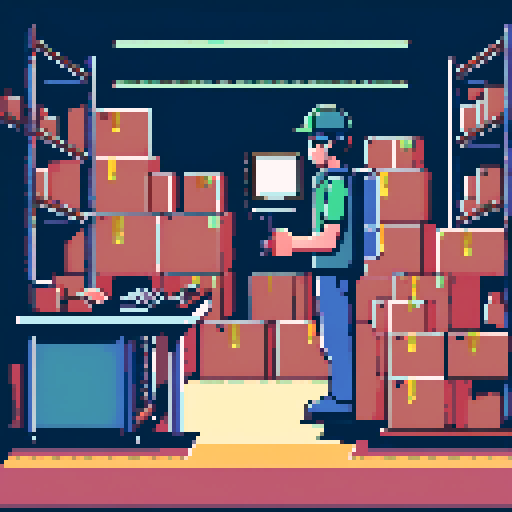 Generate a workstation, where a worker stands at the mouth of a conveyor belt. the conveyor belt has boxes on it