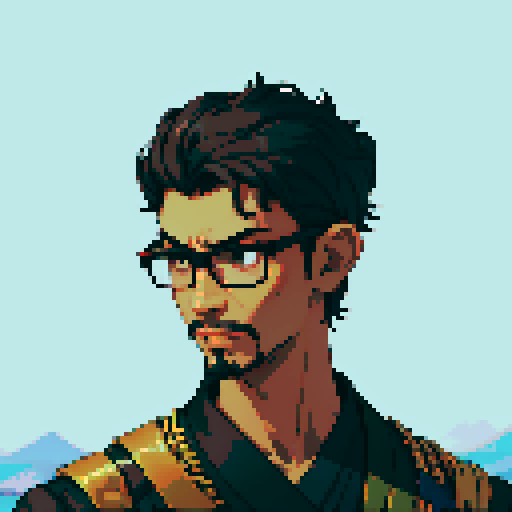 Southeast Asian man, short curly hair, round glasses, tanned, goatee, diamond shaped face, black eyes, age 25, wearing a robe