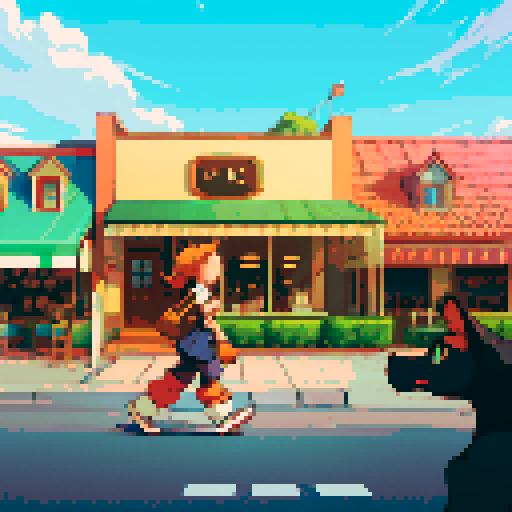 Cafe on an arc shaped road with a people eating and a cat walking
