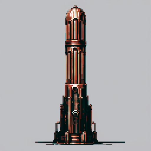 I want a tall vertical copper structure reminiscent of a organ pipe. It should have strange mechanical details that could interlock with each other. I also want this object usable an asset in a videogame, meaning only one object per image, outlined with a strong black stroke, on a solid-color background.