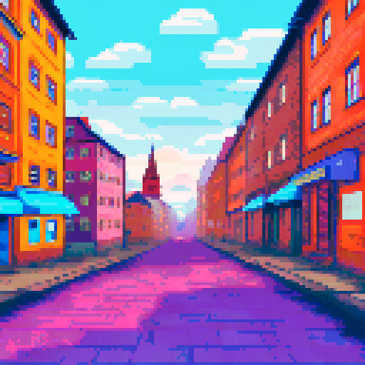 Stockholm's quaint old street, cobblestones glinting in the sun, lined with colorful buildings and towering trees, all framed by a vast blue sky in pixel art style against an sRGB background