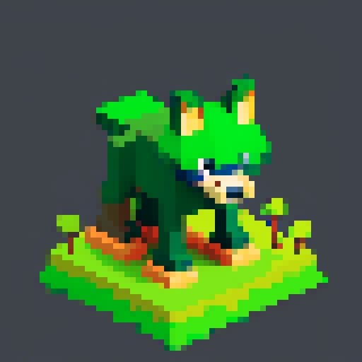 corrupted plastic waste wolf, rabid, forest biome, isometric view, cartoony, larger head, pixel art