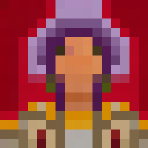 elderly native American woman with purple hair in short braids, and a soft smile