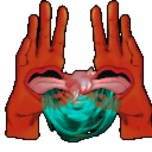 Hand monsters with a mouth and entwined tongue and saliva