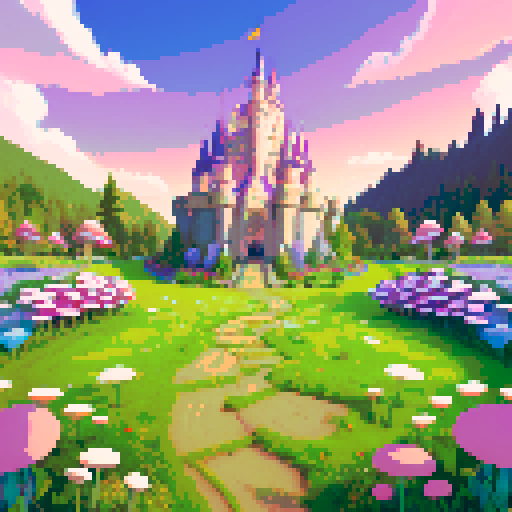 A magical battle arena with a slightly tilted grassy battlefield in the foreground, sloping upward into the distance. The bottom-left corner is clear for the player's perspective, while the middle-right shows vibrant mushrooms, glowing flowers, and the path leading toward a tall, enchanting castle in the background. The entire scene is framed by luminous trees and pastel skies, blending whimsy with balance.