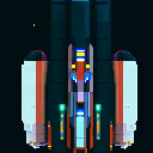 spaceship, retro, vibrant colors, angular design, 8-bit, blocky pixels, glowing exhaust, starry background, neon lights, futuristic, space exploration, cosmic, interstellar travel, sci-fi
