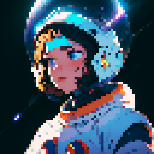 space traveler in vibrant pixel art white spacesuit, with a helmet showcasing a reflective visor, surrounded by swirling galaxies, twinkling stars, and celestial wonders, all rendered in space colorful palette.
