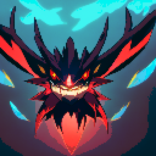 fiery horns, glowing red eyes, sharp fangs, flowing black wings, menacing grin, flowing dark cloak, intricate tattoos, intense aura