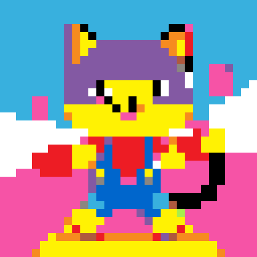 cat, vibrant colors, blocky pixels, playful pose, animated expression, retro aesthetic, 8-bit style, sharp edges, saturated hues, low-resolution, jagged lines, cute features, whimsical composition, dynamic movement, pixelated fur, nostalgic vibe, vintage video game, cheerful atmosphere