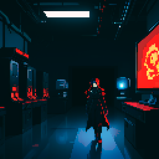 giant computer terminal, complex machines, blinking red lights, hanging cables in shadow, dark, morbid, bioorganic style, sRGB, pixel art