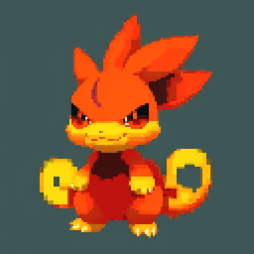 Pokemon fire type starter, adorable and fierce, vibrant red and orange hues, with pixel art style and sRGB color profile