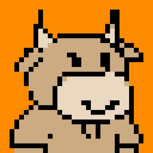 A pixel art portrait of a bull with a neutral expression, featuring a minimalist design with light skin tone, solid colors, Set against a solid orange background. The style is reminiscent of early video game characters, with a square aspect ratio.
