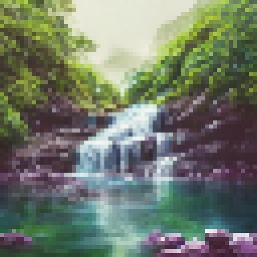 Lush greenery surrounds a powerful and serene majestic waterfall, portrayed in a landscape portrait with vibrant colors and intricate details.