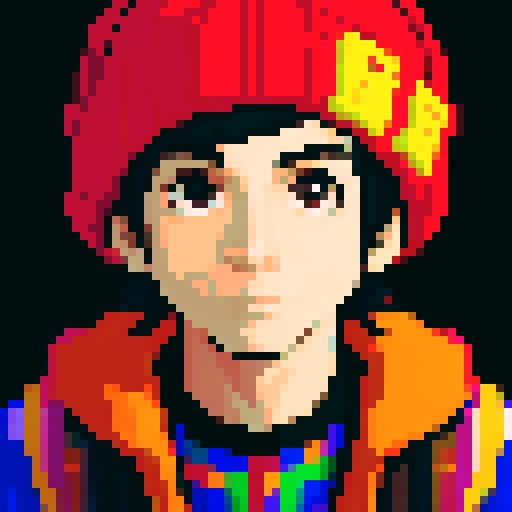 portrait, sprite art, eccentric young man, mexican american, british, cute, beanie