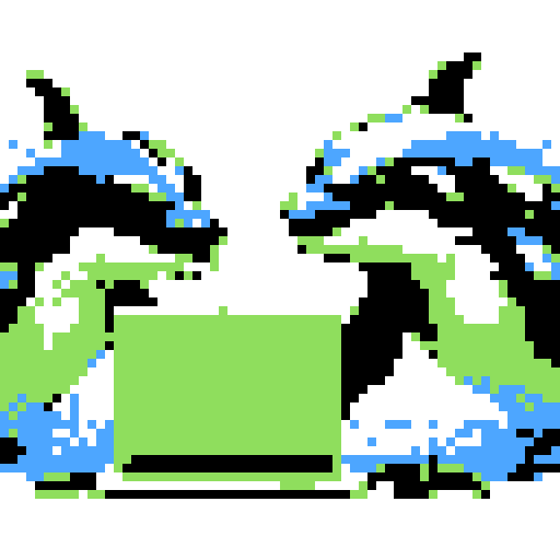 killer whales swimming in a vibrant ocean, typing on a retro laptop with pixelated keys, surrounded by a rainbow of colors in sRGB style