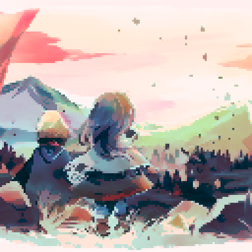 Two adventurous people staring into the sunset of a colorless wasteland