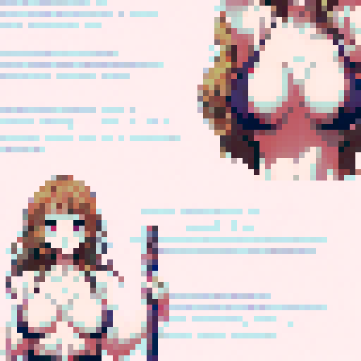 Loli's big breasts are accentuated by a lewd bikini as she stands emotionless in a pixel art landscape with a vibrant sRGB color scheme