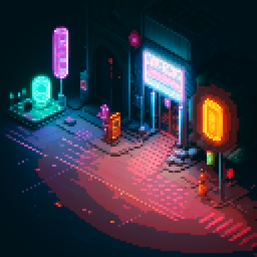 Isometric 2D cyberpunk street scene, vibrant neon lights, futuristic storefronts with glowing neon signs, reflective wet pavement, cybernetic-enhanced pedestrians, high-tech vehicles, mage girl floating in center, serene pose, fusion of mage robes and cyberpunk aesthetics with glowing runes, mystical aura amidst technology, focus on dynamic lighting and detailed environment