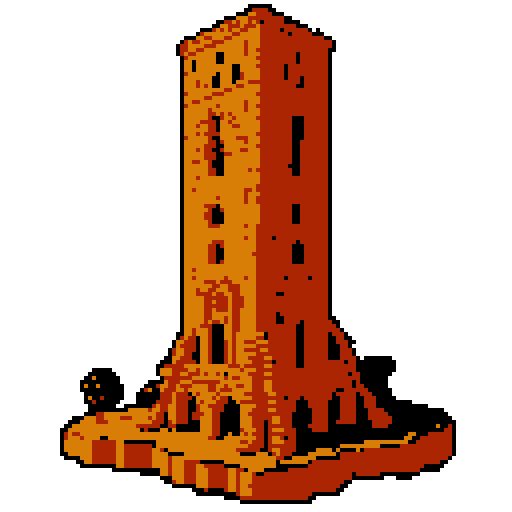 2d Red clay tower in an ancient english style. Old and crumbling but still upright. Usable as an asset (clear, thick lines and a white background). Put a black stroke around the composition