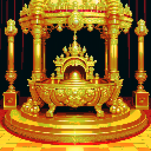 Golden litterbox, ornate and meticulously detailed, resembling a shrine of immense wealth, radiating opulence and extravagance, rendered in vibrant pixel art with rich hues and shimmering textures, evoking a sense of luxury and grandeur, bathed in the vibrant sRGB color space