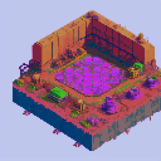 Corrosive Waste Factory
"A battleground viewed from a slightly elevated perspective, with a flat, corroded metal floor in the foreground. The edges of the arena are bordered by glowing pools of pinkish-purple toxic waste, with rusted machinery and pipes leaking hazardous material. The background rises slightly to show more industrial decay, with flickering lights enhancing the eerie atmosphere."