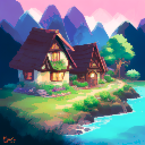 small wooden house, red roof, middle of forest, flowing river, picturesque street, mountain hills, chimney with smoke, lights on in house, booth next to house, landscape portrait