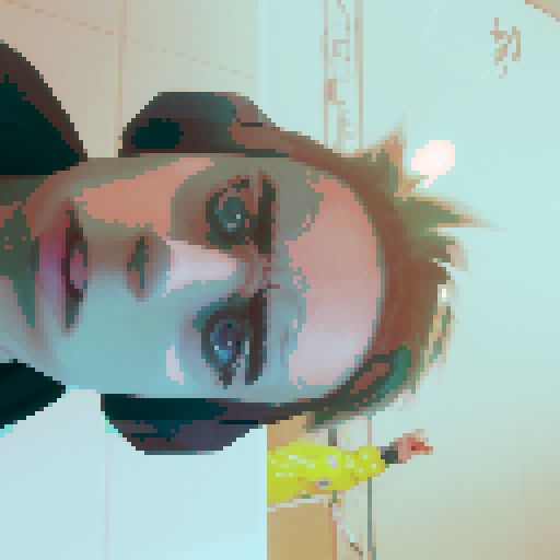 anime character, boy, hacker, neon green hair, wearing headphones, typing on a retro keyboard, surrounded by lines of code, glowing computer screen, pixel art, sRGB