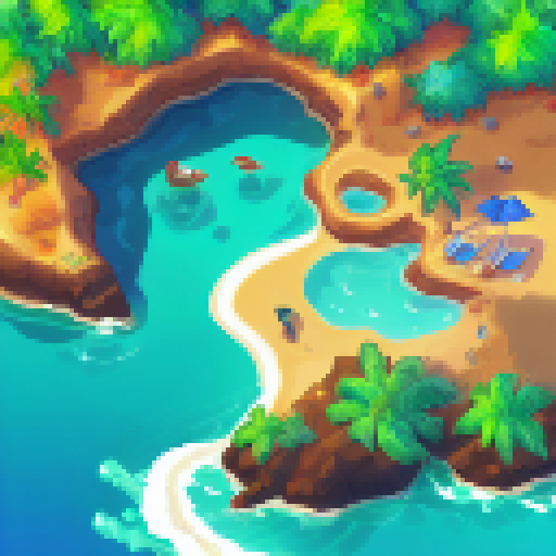 A beach with palm trees in the Caribean, looking out to the ocean, pixel art, in the style of Monkey Island 2 background art