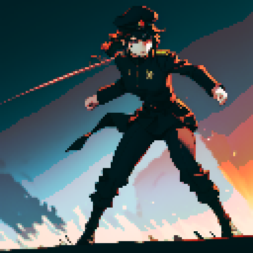 full-body image, military general woman, black uniform, black hat, evil, facing left, ready to fight, war background, battlefield, warfare
