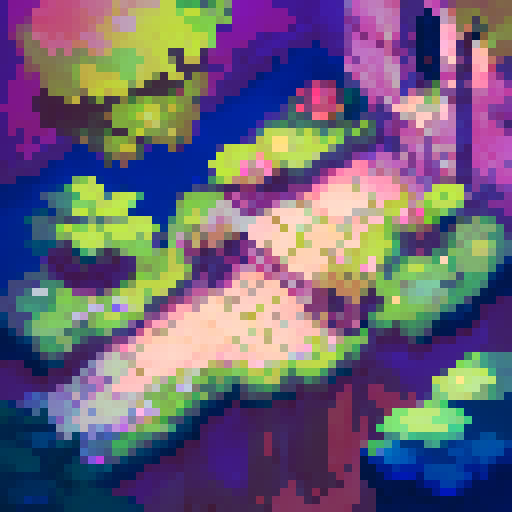 city, high tech castles, cathedrals with glowing stained glass windows, futuristic bridges spanning lush greenery, pixelated trees and flowers, small digital animals roaming, all in vibrant sRGB colors