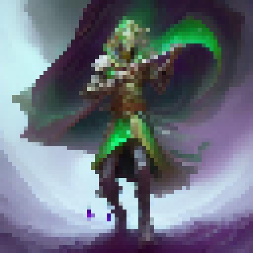 "Ekko the time-traveling mage, donned in emerald robes and wielding a glowing hourglass staff, battles a horde of skeletal warriors in a misty, enchanted forest as a dragon circles overhead in the style of a classic fantasy RPG game."