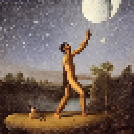 man on a barango looking at the moon with stars