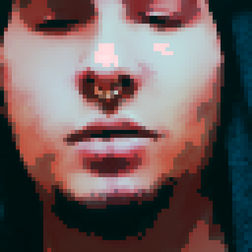 cool man, character portrait, close up, anime style, pixel art, vibrant colored hair, expressive eyes, defined jawline, stylized clothing, dynamic pose, glowing aura, intricate details, dramatic lighting, futuristic city backdrop